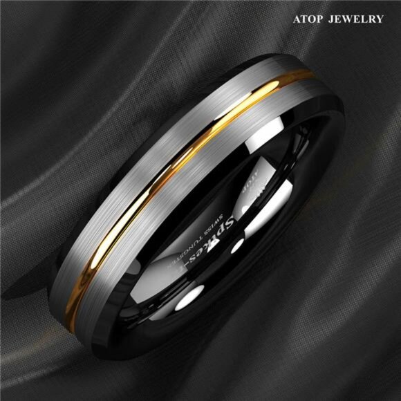 Mens Wedding Band 6mm Silver Brushed Black Edge Gold Line - Rings - Picture 2 of 5